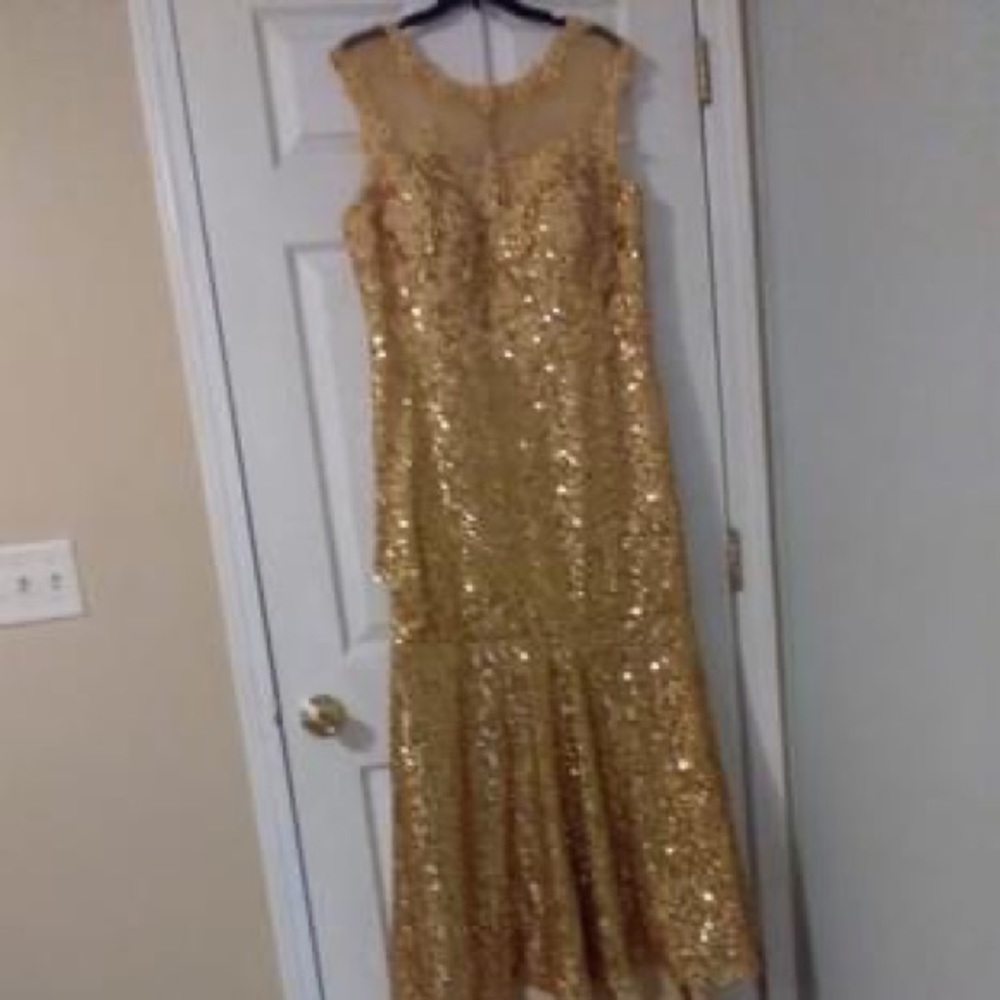 JJ house Gold sequins prom dress with train